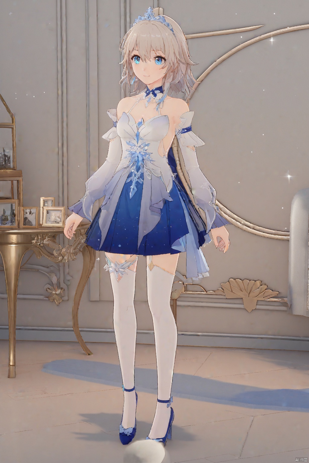 2d,动漫风格,插画,二次元人物,立绘,空白背景,全身画像sanyueqi, 2nd clothes, blue princess short dress, 1girl, blue eyes, bangs, bare shoulders, dress, white thighhighs,
