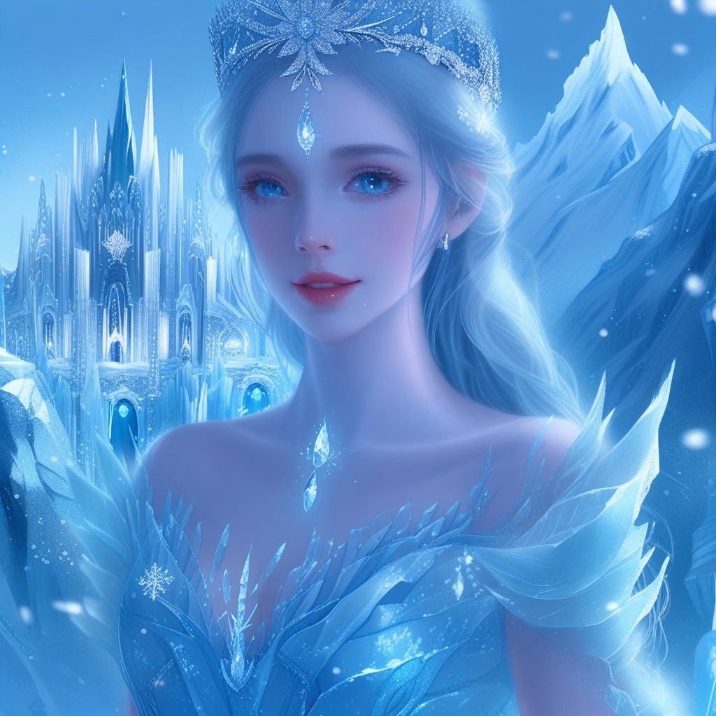 Digital painting,  elegant ice princess. She wears a shimmering blue gown made of ice crystals and a silver tiara that glo...