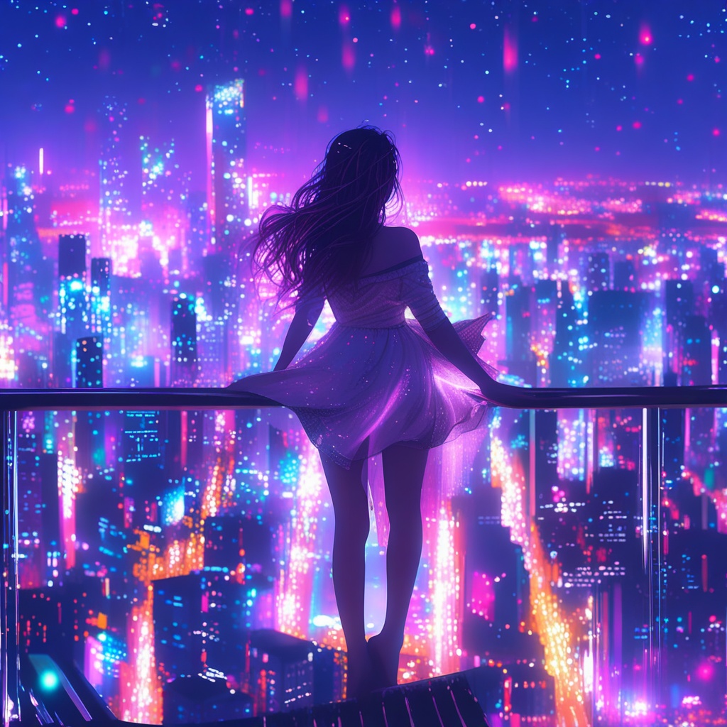 digital painting of a bustling cityscape at night,  where the lights of skyscrapers and streetlamps create a dazzling disp...