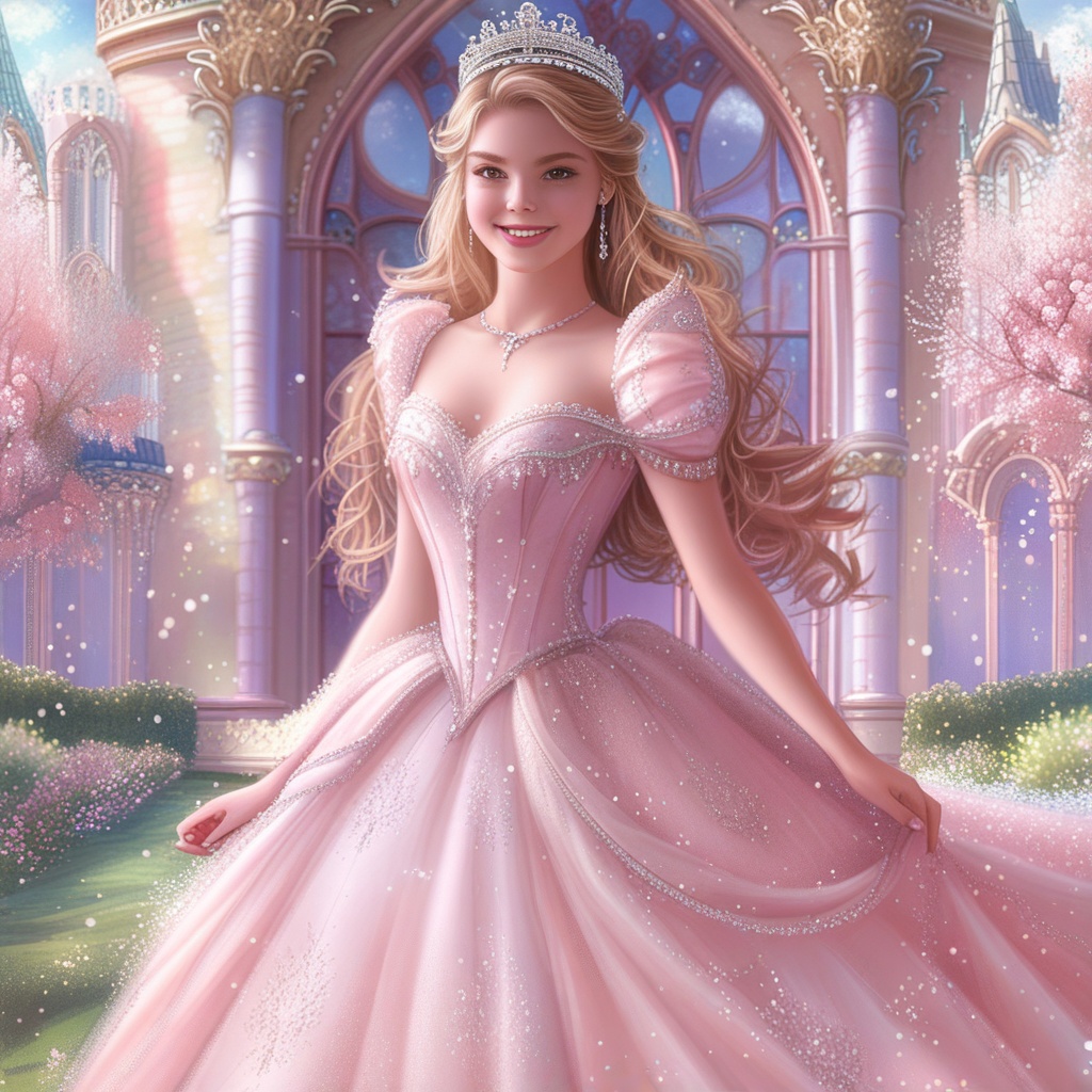 Digital painting,  a classic fairy tale princess. She wears a ball gown in pastel pink with layers of tulle and lace,  and...
