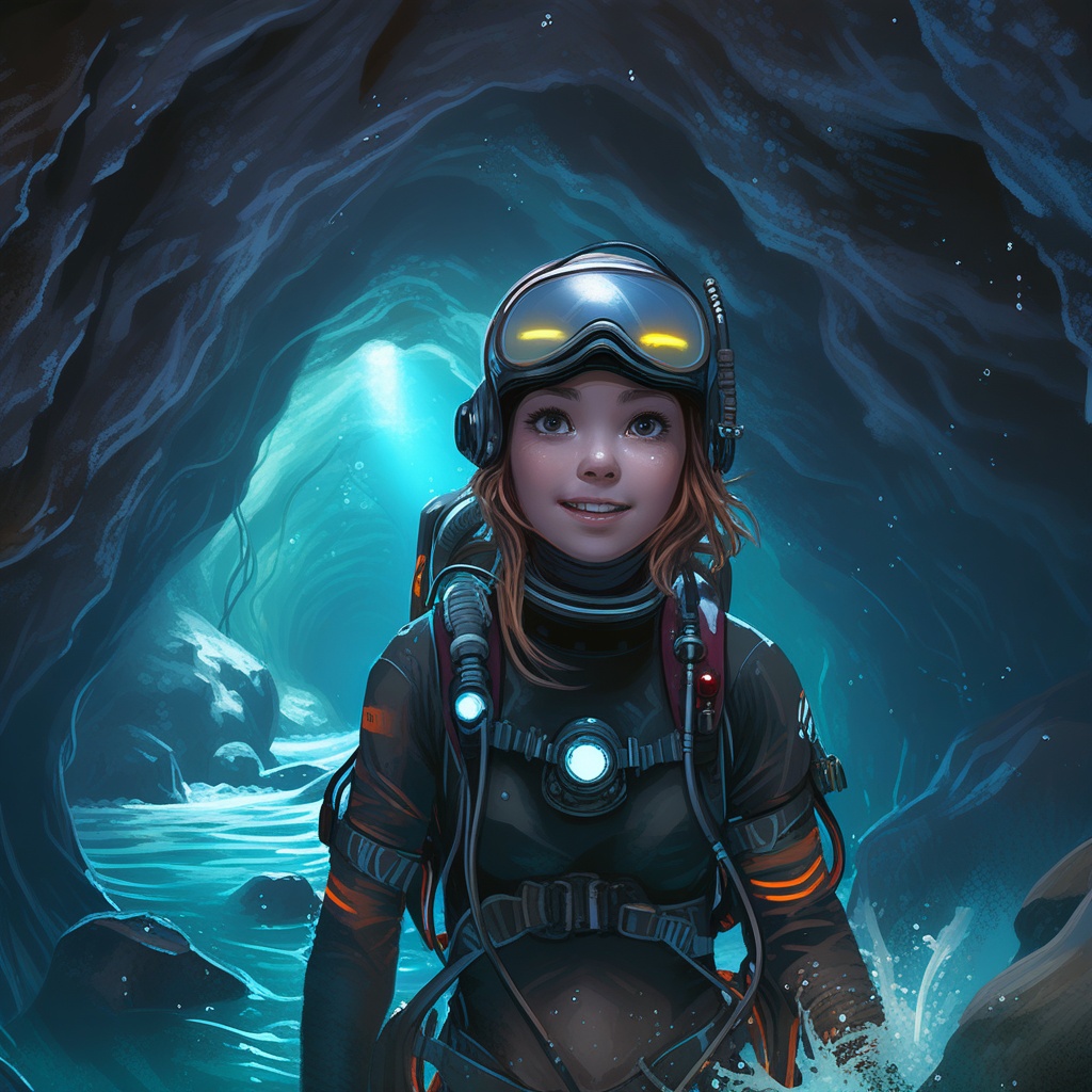 Digital painting,  portrait of a fearless cave diver adventuring girl. She wears a wetsuit with glowing patterns,  a helme...