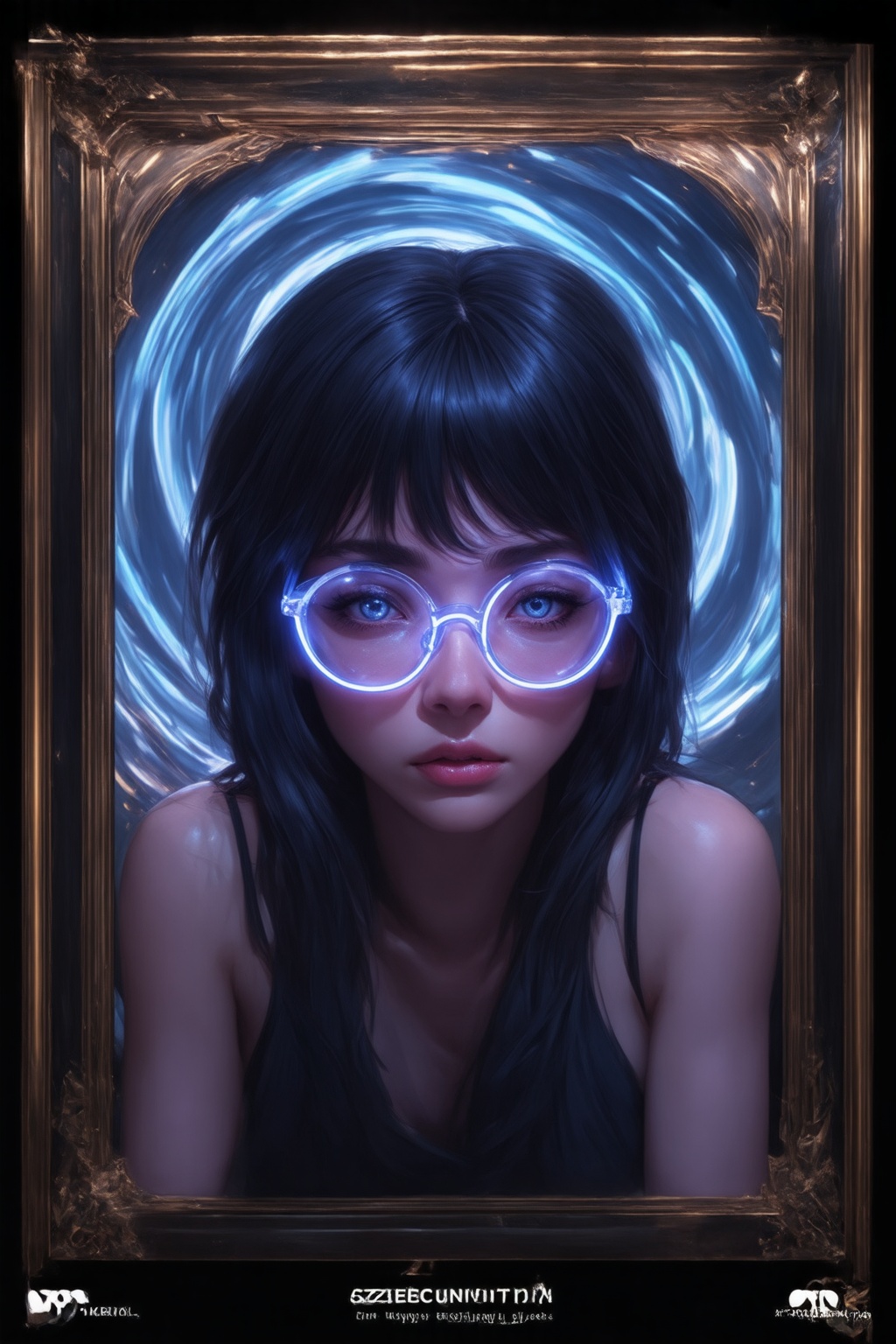 A futuristic fantasy scene unfolds: a cyberpunk girl with clear neon glasses,  her gaze piercing through the digital haze....