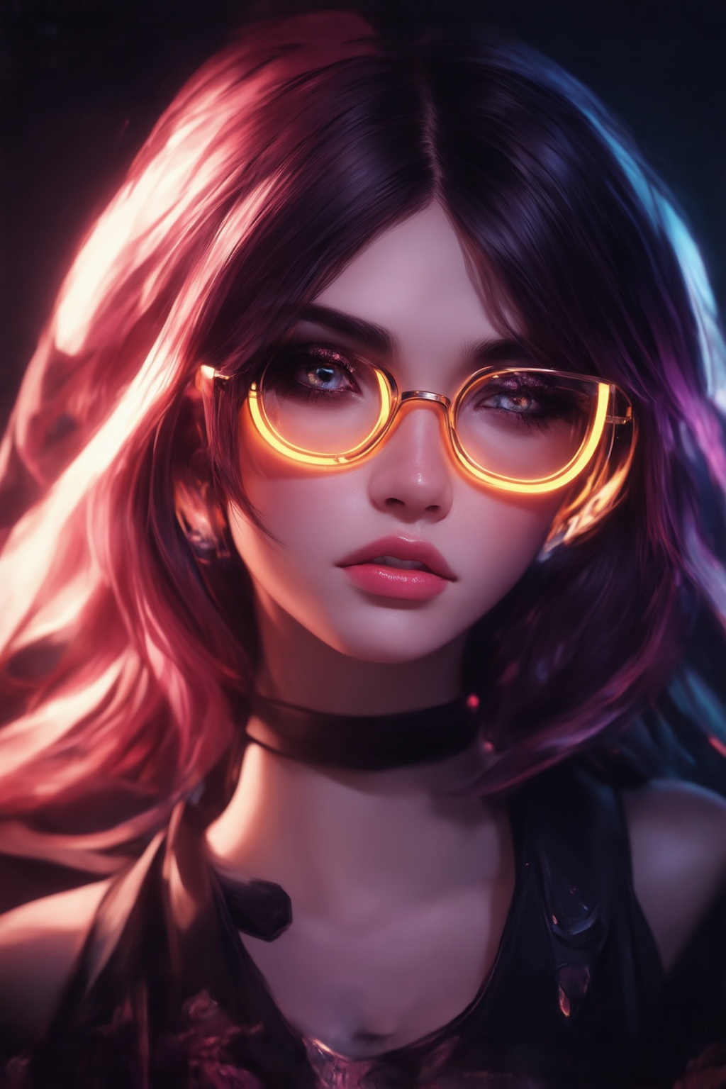 Similar graph,  a cyberpunk girl,  Wear clear neon glasses on Tensor.Art