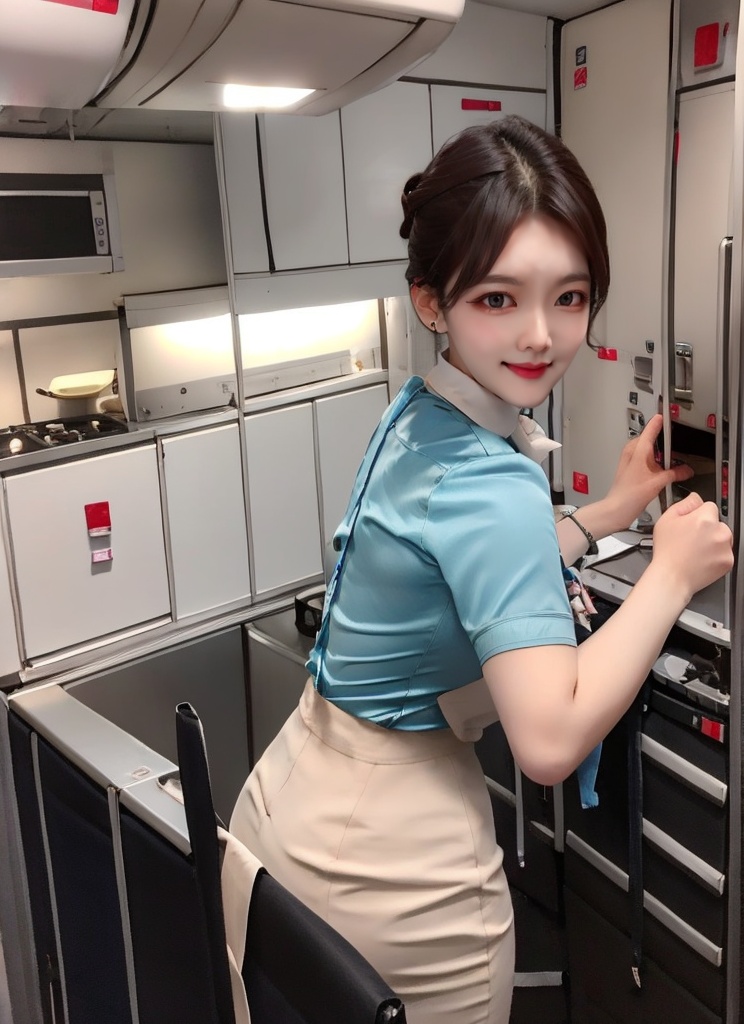 1 slim flight crew with beautiful face,  single hair bun hair,  black hair on Tensor.Art