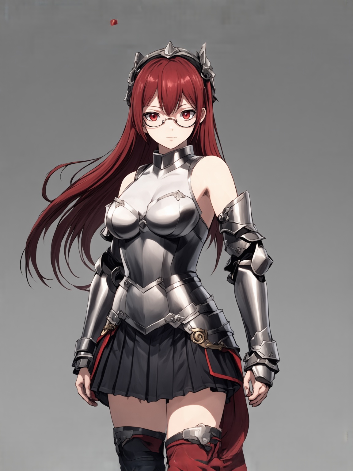 best quality, 8k, 8k UHD, ultra-high resolution, ultra-high definition, highres, 1girl, solo, Alicia_Isekaimaou, long hair, red hair, red eyes, glasses, hairband, armor, sleeveless, bare shoulders, pleated skirt, black skirt, thighhighs, zettai ryouiki, covered navel, gauntlets