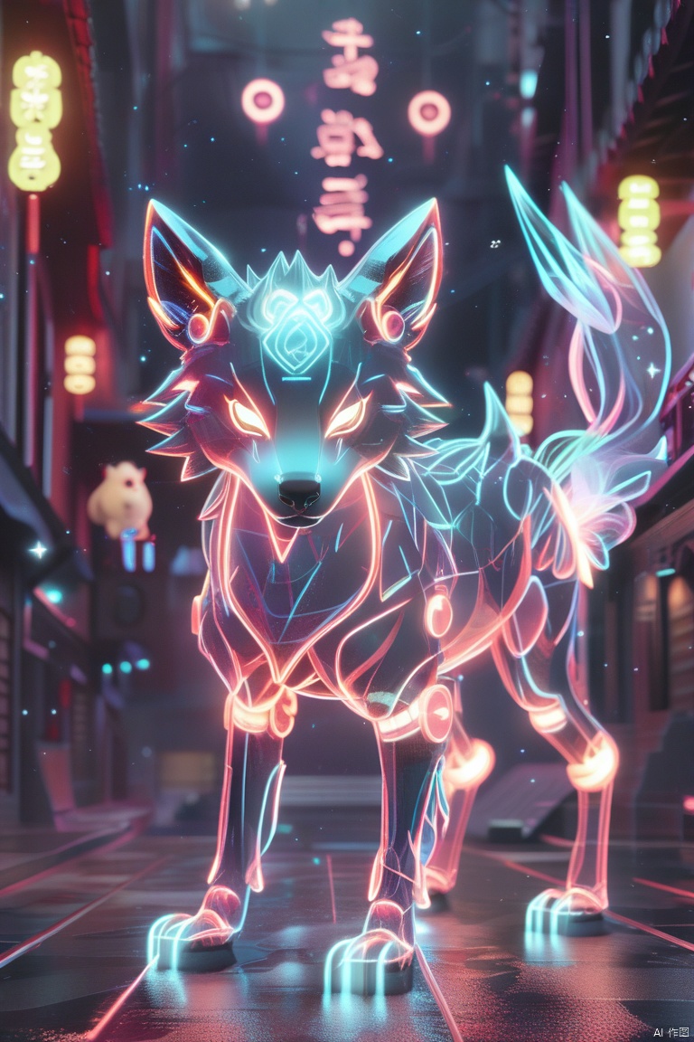 3D render, a glowing neon-colored wolf-like spiritual transparent Pokemon, simple background, dark background, award-winning picture, highly detailed, ultra-high resolutions, 32K UHD, sharp focus, best quality, masterpiece