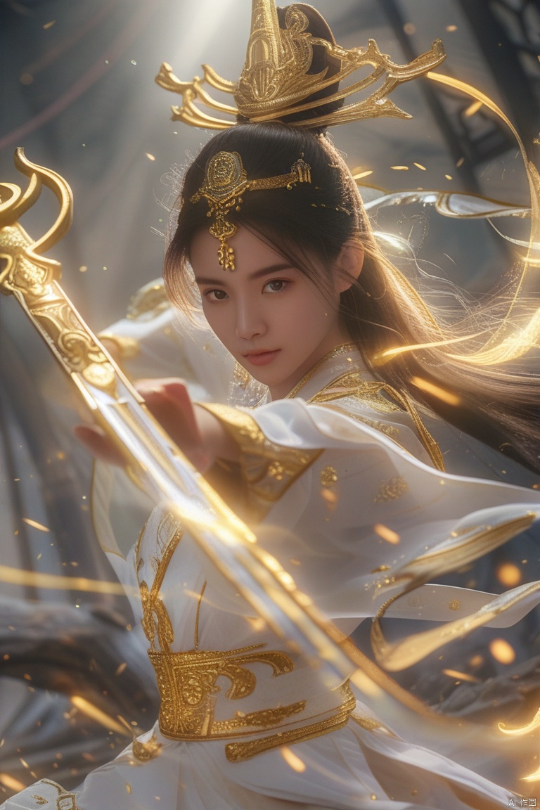 CG效果,魔法效果,修仙传,一个穿着仙女服饰的女道友正在施放万剑归宗剑术,浑身散发出金色特效,精致五官,美丽的容颜,高质量,高清,杰作