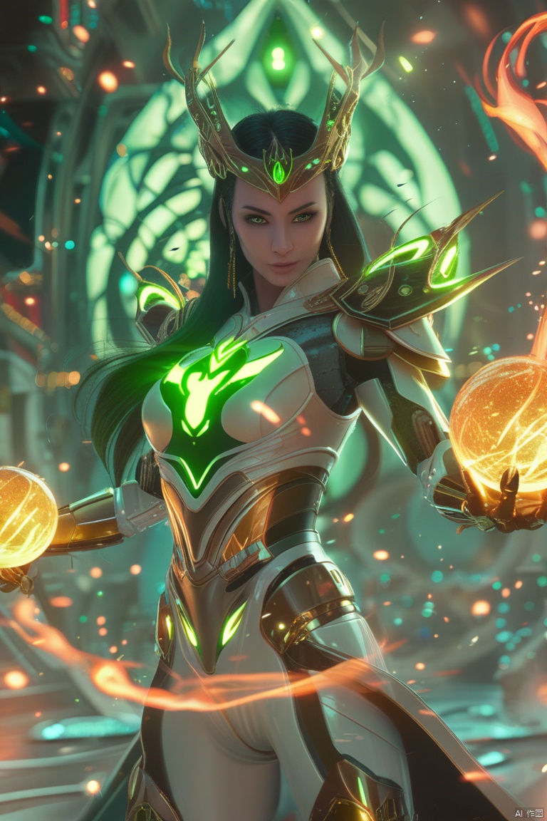 Soul Destroyer, God Hela, a female cyborg as God Hela wearing futuristic armor holding glowing orange fire balls in her hands, light green color tone, highly detailed, ultra-high resolutions, 32K UHD, best quality, masterpiece,