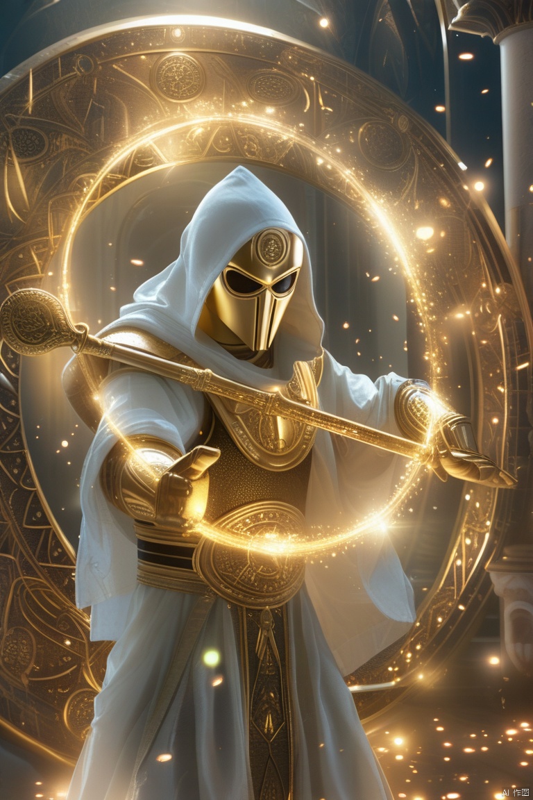 God Light, Moon Knight holding a glowing golden scepter in hands standing inside a glowing golden magic circle, glowing golden color tone, highly detailed, ultra-high resolutions, 32K UHD, best quality, masterpiece,