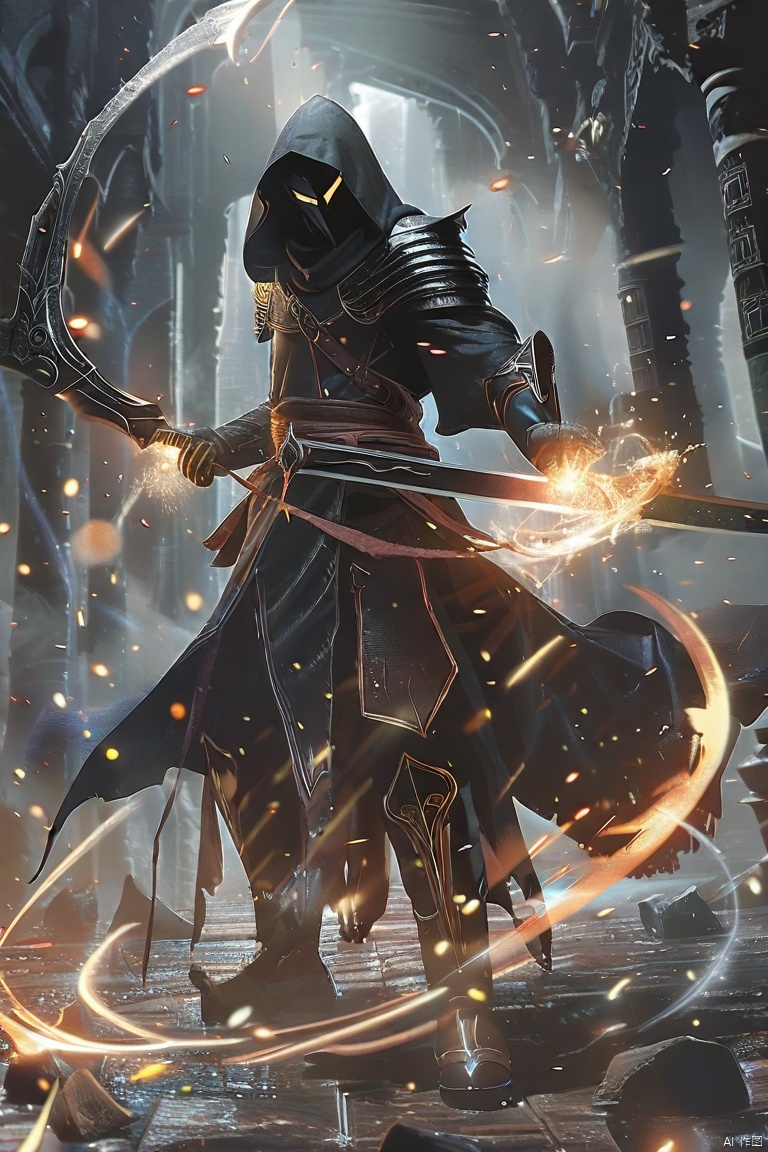 casting magic spells with his hands, surrounded by glowing energy and magical effects, magic effect,concept art hidden face, mysterious, hooded, full body, dark enigmatic warrior, standing, storm of falling shards, glowing ethereal giant heavy thick sword in hand, warriorâs intricate armor, tattered cloak that billows in the wind, atmosphere is charged with an otherworldly energy, fantasy realism, dramatic lighting, detailed textures to bring the scene to life, digital artwork, illustrative, painterly, matte painting, highly detailed