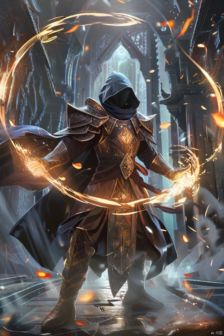 casting magic spells with his hands, surrounded by glowing energy and magical effects, magic effect,concept art hidden face, mysterious, hooded, full body, dark enigmatic warrior, standing, storm of falling shards, glowing ethereal giant heavy thick sword in hand, warriorâs intricate armor, tattered cloak that billows in the wind, atmosphere is charged with an otherworldly energy, fantasy realism, dramatic lighting, detailed textures to bring the scene to life, digital artwork, illustrative, painterly, matte painting, highly detailed