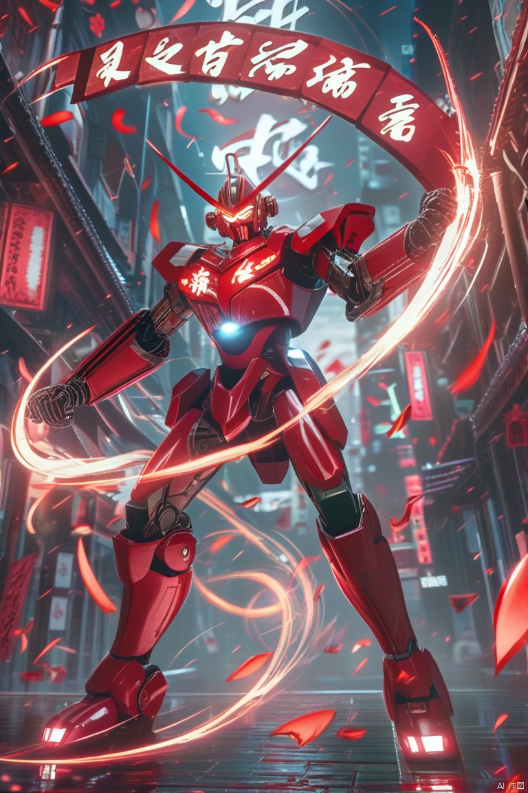 magic effect, Surrounded by rotating transparent red scrolls, floating transparent red Chinese characters, dynamic, rotating, 1 man standing in the air, not looking at the camera, writing calligraphy, solo, blue eyes, holding, weapon, holding weapon, glow, robot, mecha, science fiction, open_hand,v-fin, movie lighting, strong contrast, high level of detail, best quality, masterpiece
