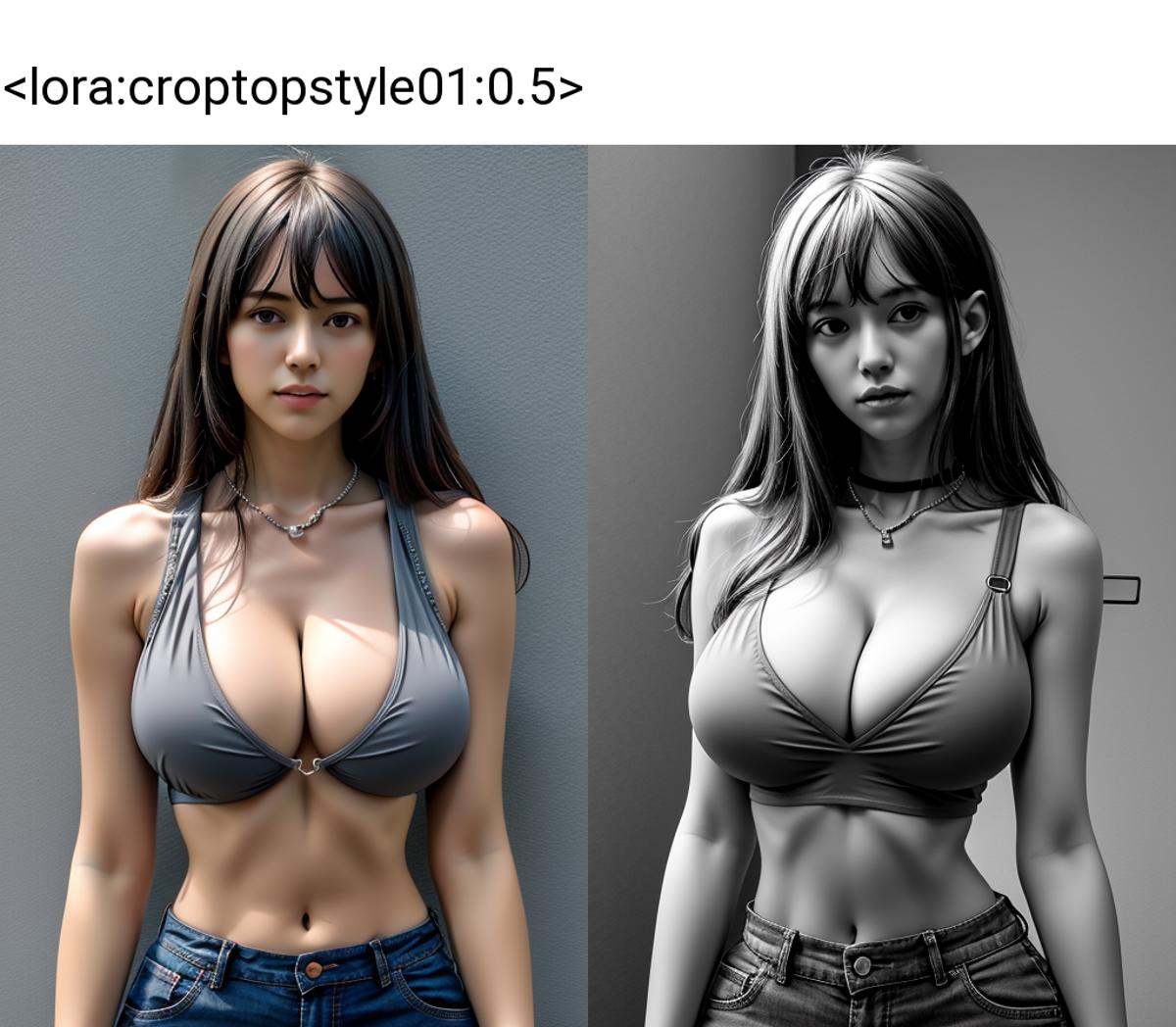 ((gray crop top)),  chest chain,  deep v on Tensor.Art