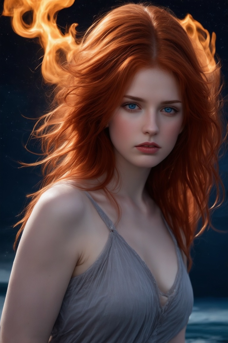 A fiery redhead,  her blazing locks streaming behind like a chromatic aurora,  commands the cockpit of a luminous lightshi...