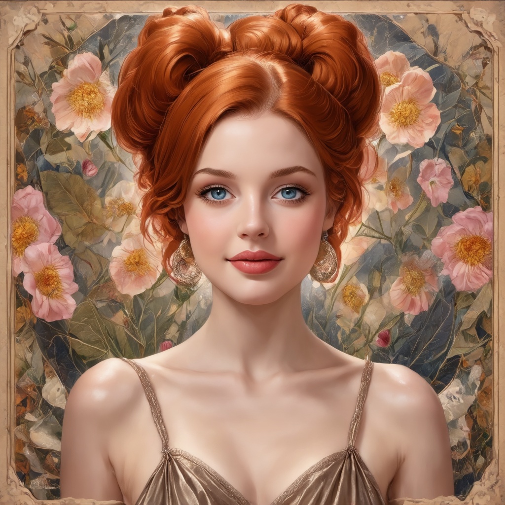 A radiant redhead,  adorned with a perfect face and stylish bun hair,  smiles graciously in medium shot. Her visage is fra...