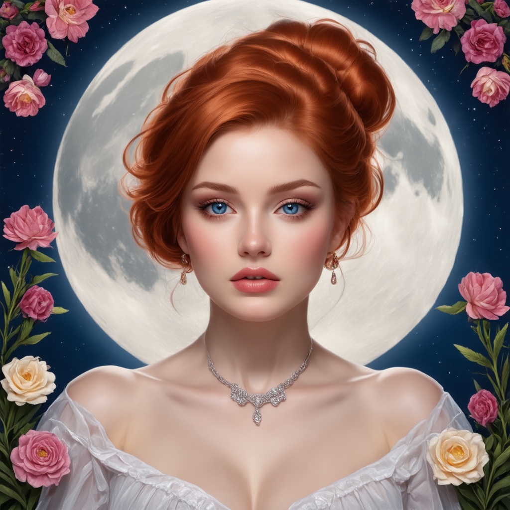 A stunning redhead with porcelain-perfect skin and chic bun hair beams warmly in a medium shot,  surrounded by an exquisit...