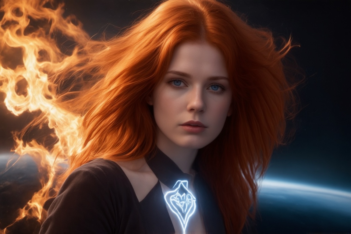 A fiery redhead,  her blazing locks streaming behind like a chromatic aurora,  commands the cockpit of a luminous lightshi...