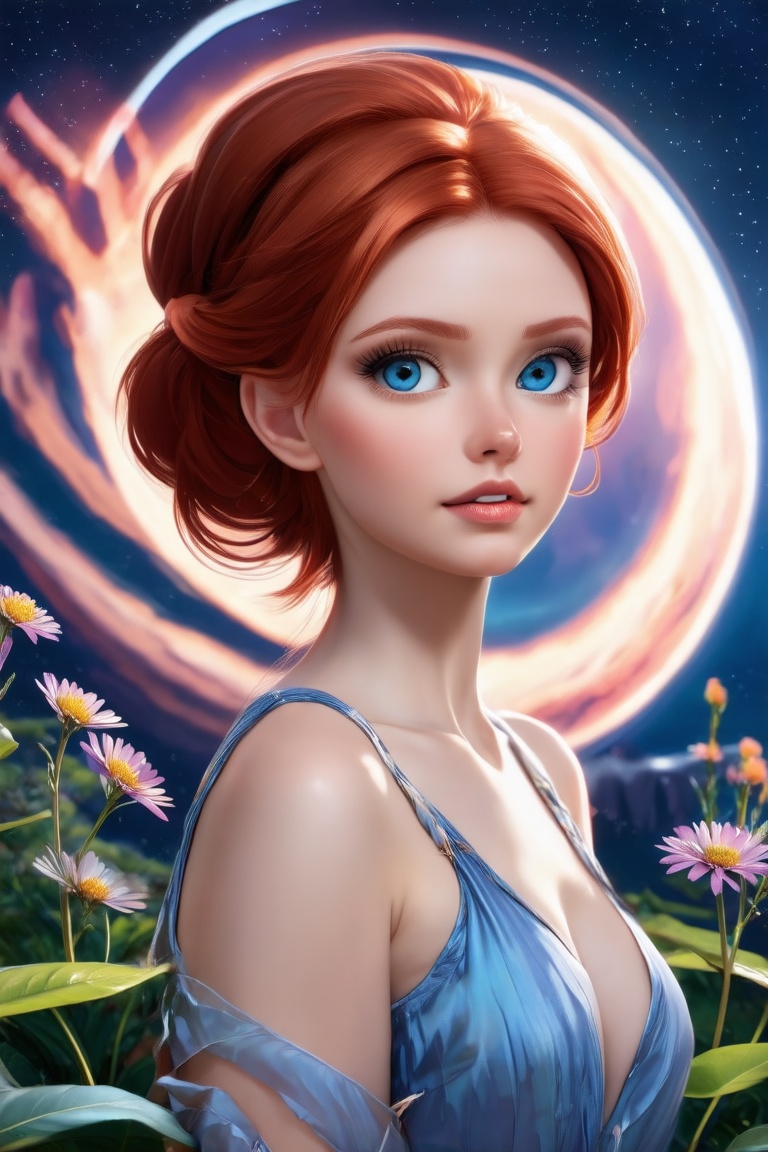 Vibrant redhead with porcelain skin and sleek bun hair stands out against the serene Mars backdrop,  where digital visuali...