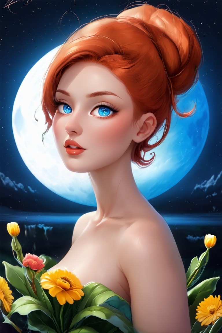 Vibrant redhead with porcelain skin and sleek bun hair radiates warmth in a medium shot,  set against a serene moonlit bac...