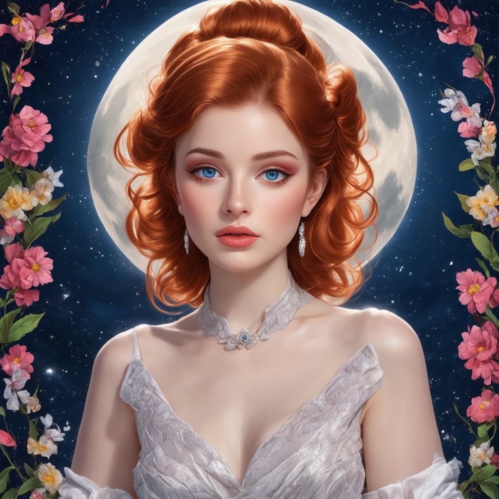 A stunning redhead with porcelain-perfect skin and chic bun hair beams warmly in a medium shot,  surrounded by an exquisit...