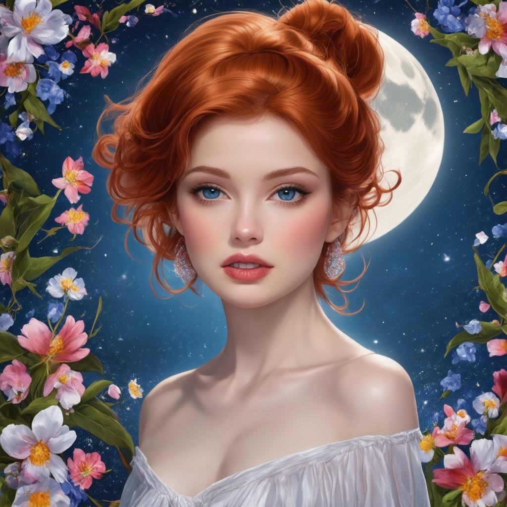 A stunning redhead vietnamese with porcelain-perfect skin and chic bun hair beams warmly in a medium shot,  surrounded by...