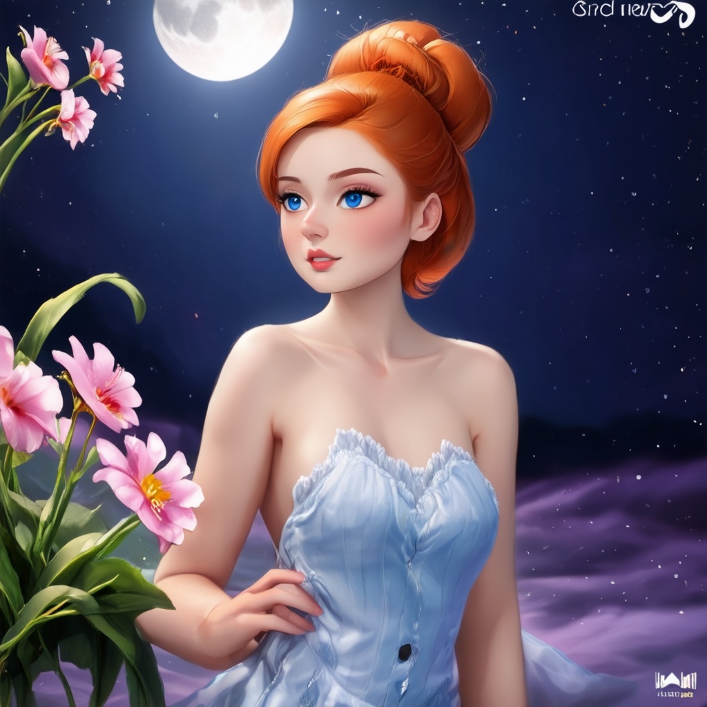 Vibrant redhead with porcelain skin and sleek bun hair radiates warmth in a medium shot,  set against a serene moonlit bac...