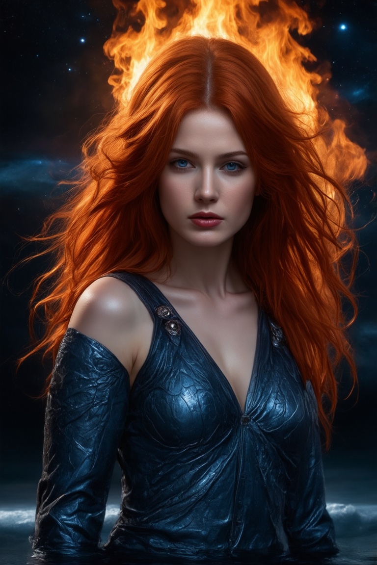 A fiery redhead,  her blazing locks streaming behind like a chromatic aurora,  commands the cockpit of a luminous lightshi...