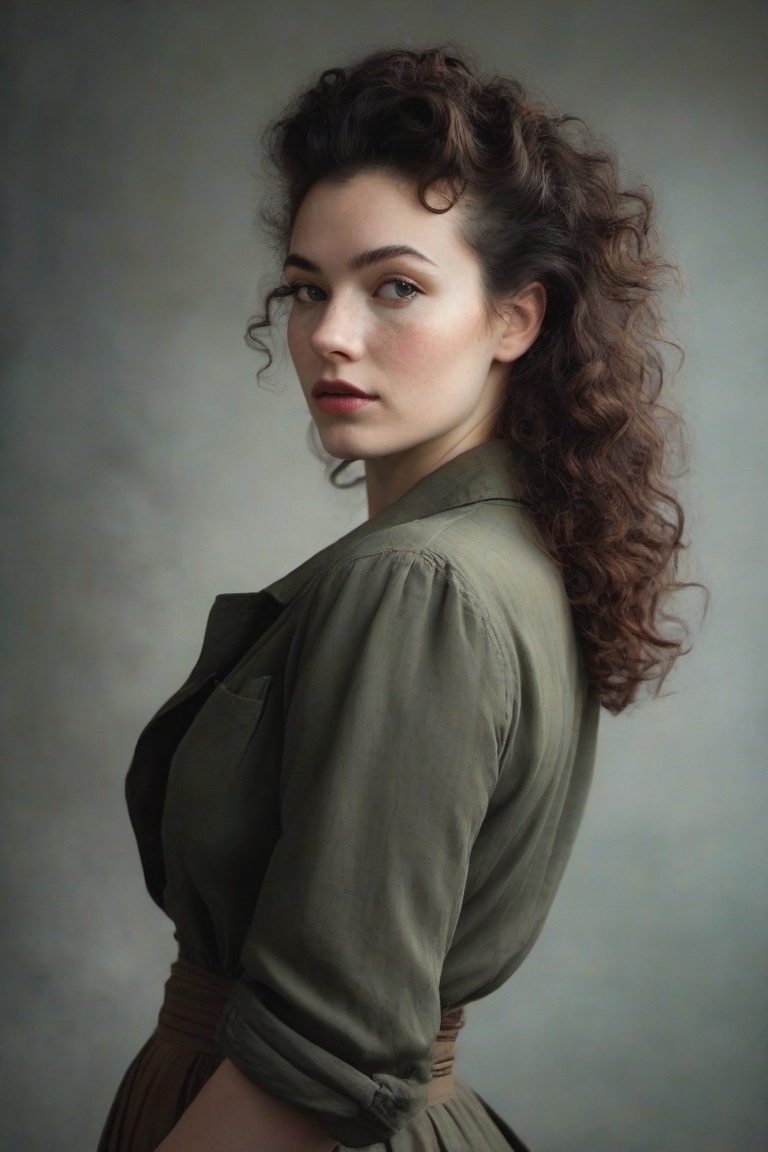 Prompt: (((Iconic 1940s age style but extremely beautiful))) (((black curly messy hair 40s age style,  light rainbow in ha...