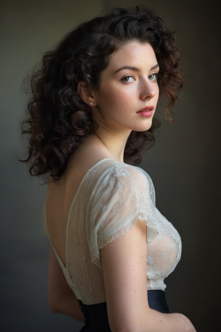 Prompt: (((Iconic 1940s age style but extremely beautiful))) (((black curly messy hair 40s age style,  light rainbow in ha...