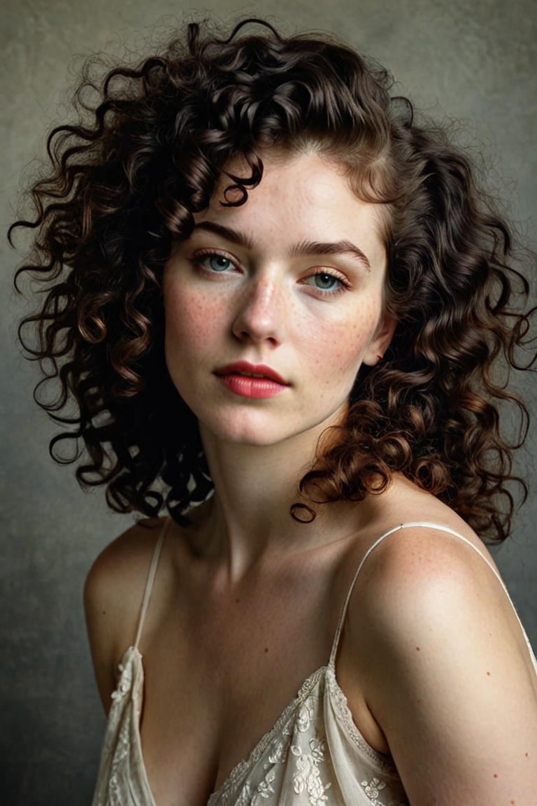 Prompt: (((Iconic 1940s age style but extremely beautiful))) (((black curly messy hair 40s age style,  light rainbow in ha...
