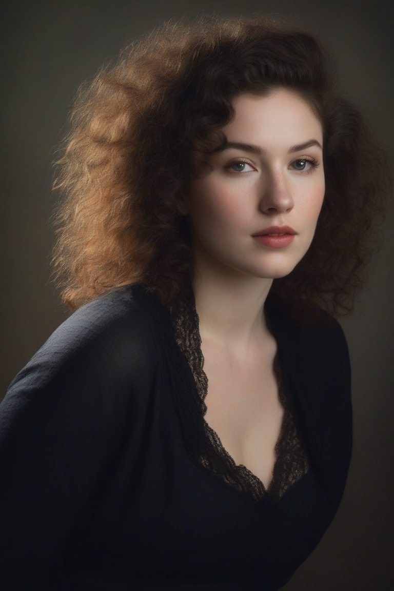Prompt: (((Iconic 1940s age style but extremely beautiful))) (((black curly messy hair 40s age style,  light rainbow in ha...