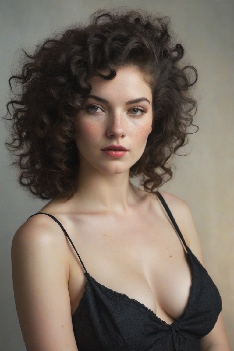 Prompt: (((Iconic 1940s age style but extremely beautiful))) (((black curly messy hair 40s age style,  light rainbow in ha...