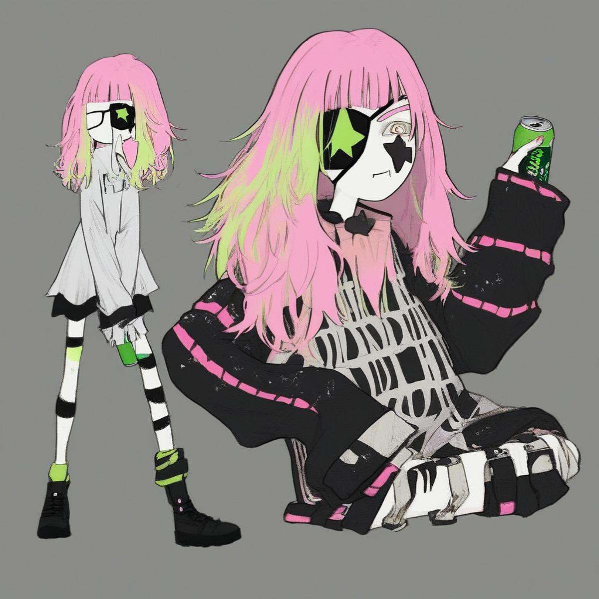 long black shoes with belts,  sleeves over hands,  star on eyepatch on Tensor.Art