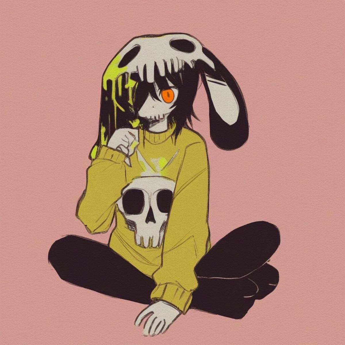 paint on hair bangs,  red background,  yellow sweater on Tensor.Art