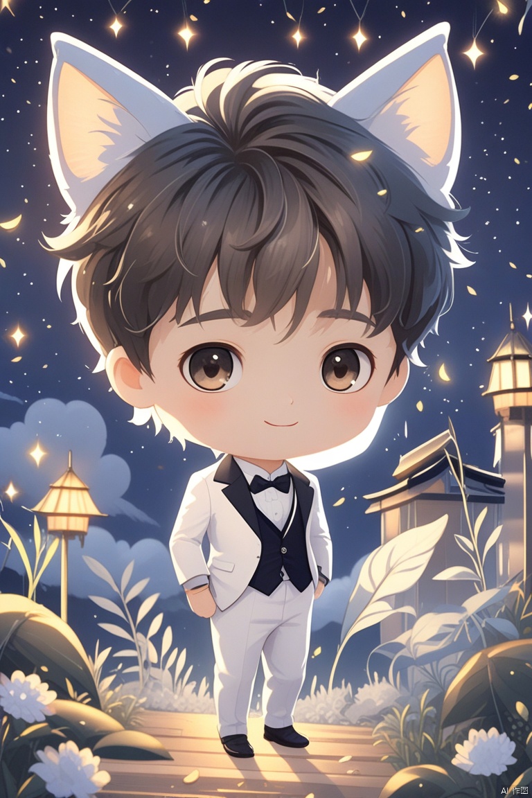 杰作,米鲁莫,1个男孩,猫耳,韩式男发,白色西装,夜晚,可爱的场景