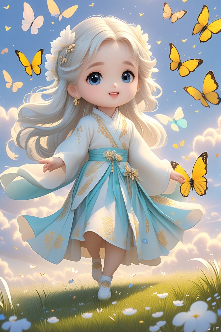 杰作,米鲁莫,1个可爱的小女孩,白色长发,华丽的汉服,蝴蝶翅膀,浅蓝色天空,飞舞在空中,草地,精致的画面,奇幻的场景,阳光充足,柔和的光影,3D建模