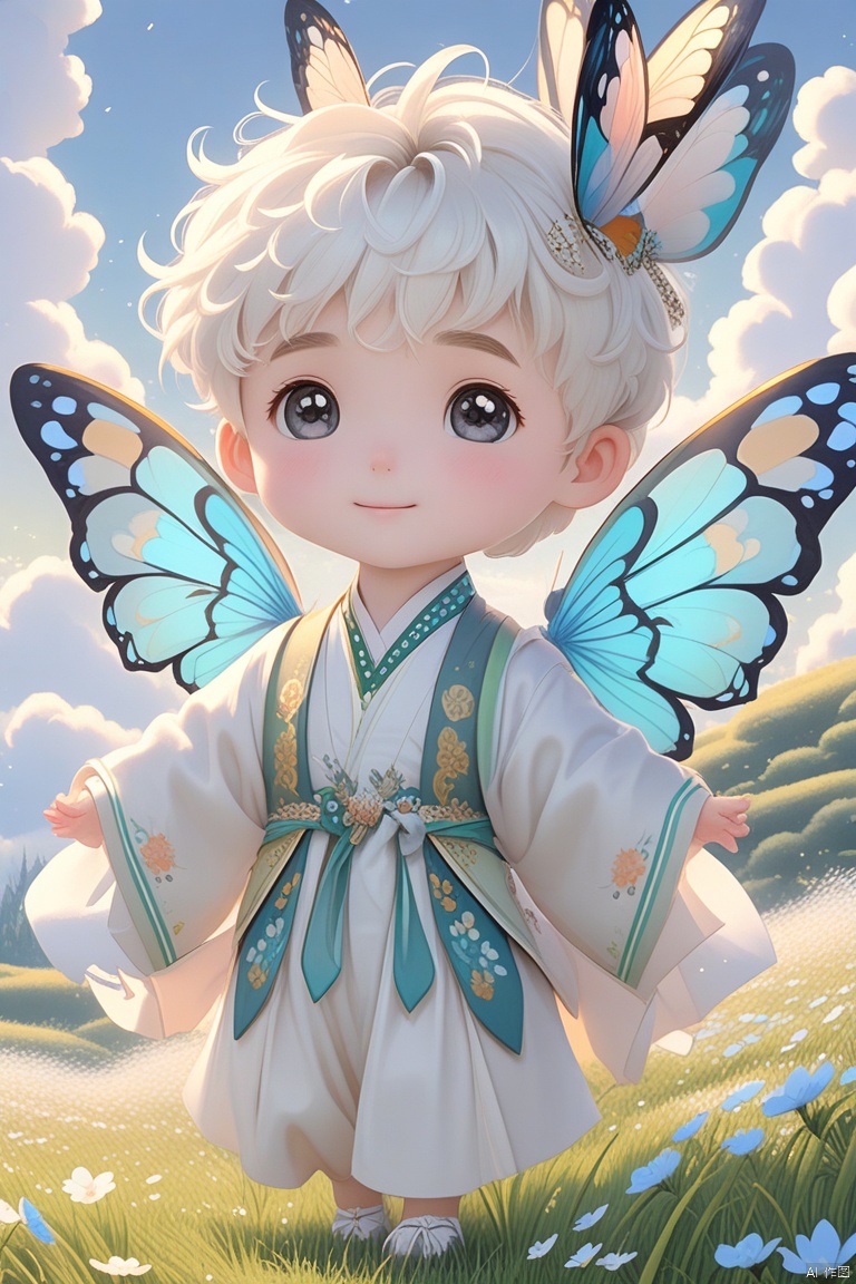 杰作,米鲁莫,1个可爱的小男孩,白色短发,华丽的汉服,蝴蝶翅膀,浅蓝色天空,草地,精致的画面,奇幻的场景,阳光充足,柔和的光影,3D建模