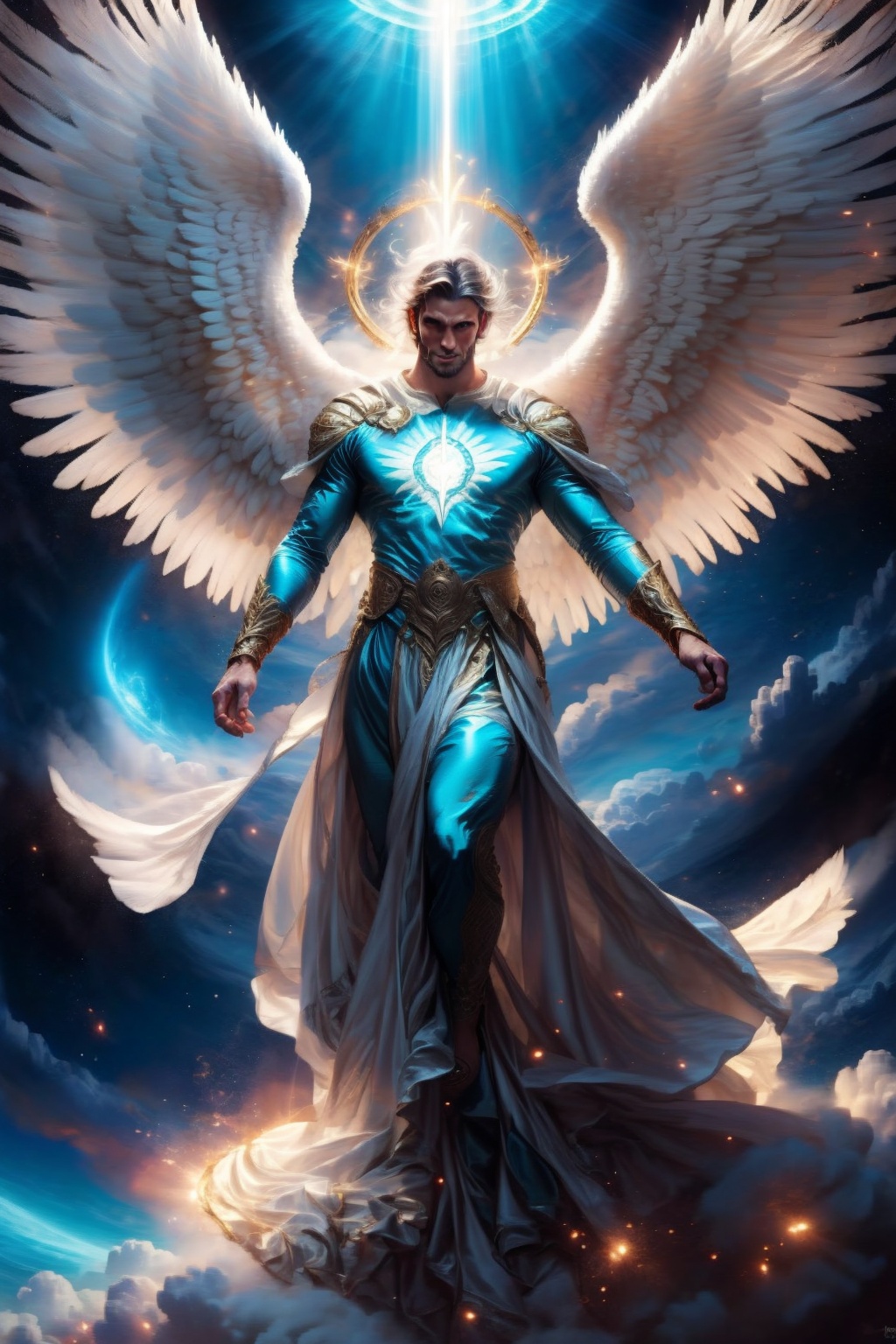 Handsome man with angel wings,  Halo in his back head,  white big wings on Tensor.Art