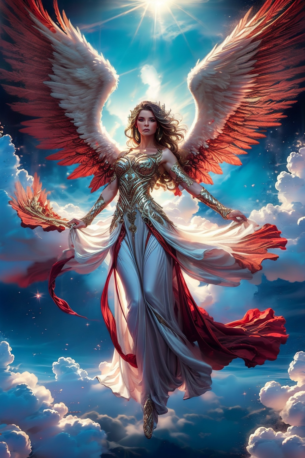 Portrait of Beautiful woman with black wings,  floating in the cloud,  wearing red flowing dress on Tensor.Art