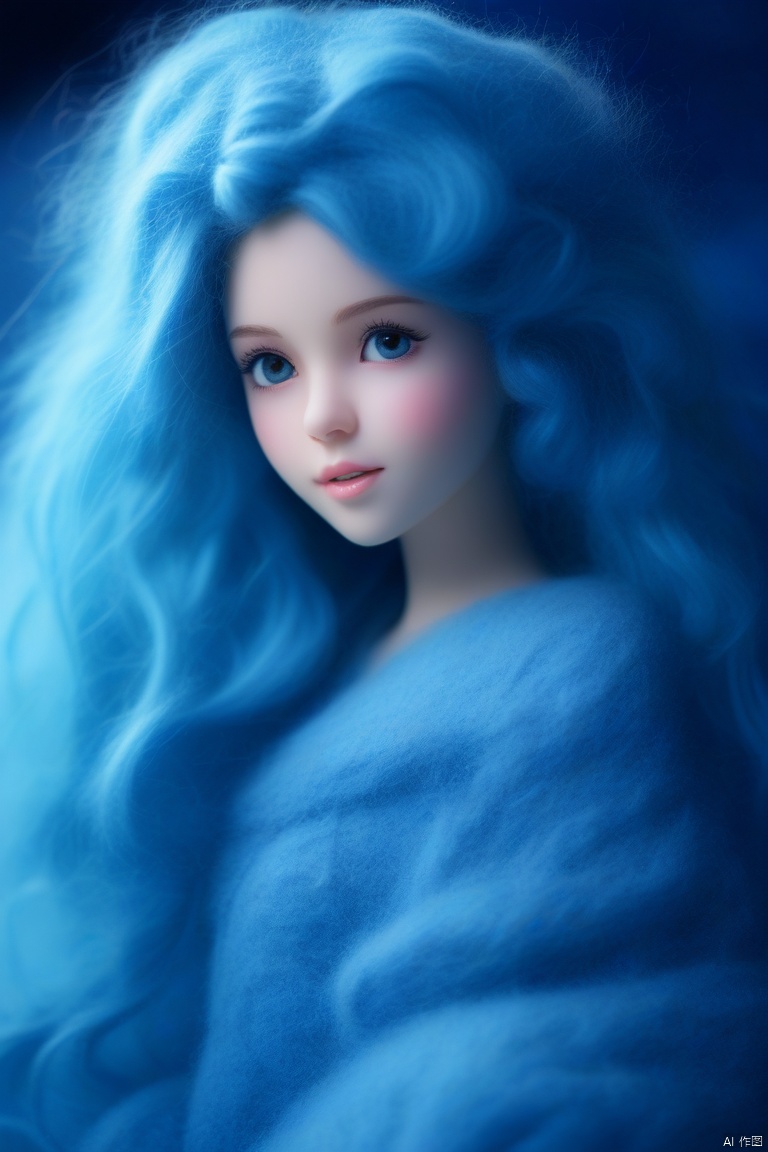 毛毡效果,由羊毛毡制成的少女,奇幻,自然,氛围感,神秘的蓝色,高清,毛毡材质,高级滤镜