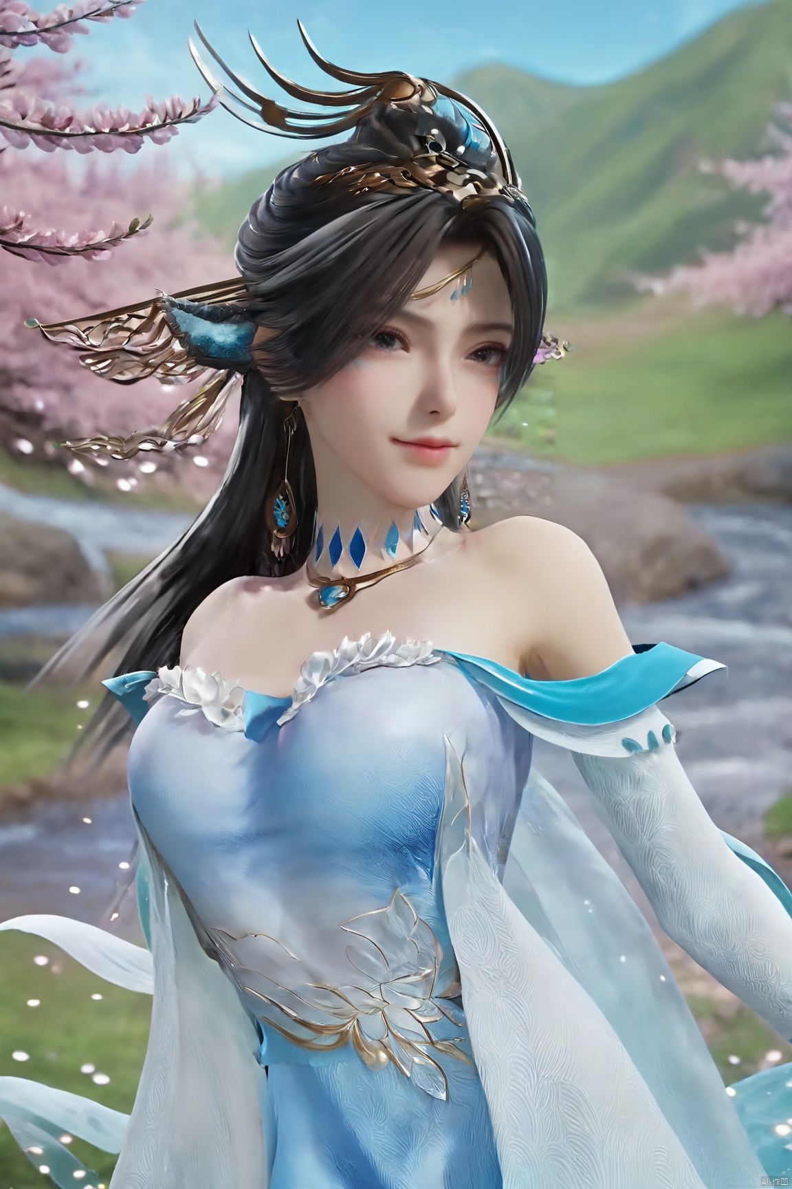 masterpiece,best quality,official art,extremely detailed CG unity 8k wallpaper,realistic,light rays,light particles,1girl,solo,medium chest,in a meadow,stream,mountain,cherry_blossoms,flower,outdoors,long_hair,earrings,(hair_ornament:1.2),dynamic pose,looking at viewer,(cowboy shot:1.2),Xbibo,(big breasts:1.59),
