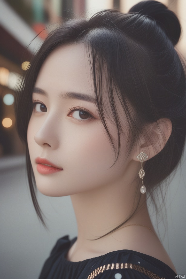 A stunning street fashion shot featuring a young woman in sharp focus, captured by high-definition camera. The girl stands confidently, her entire figure framed within the composition. Soft natural light illuminates her flawless face, highlighting every detail from the subtle curve of her nose to the gentle slope of her cheekbones.