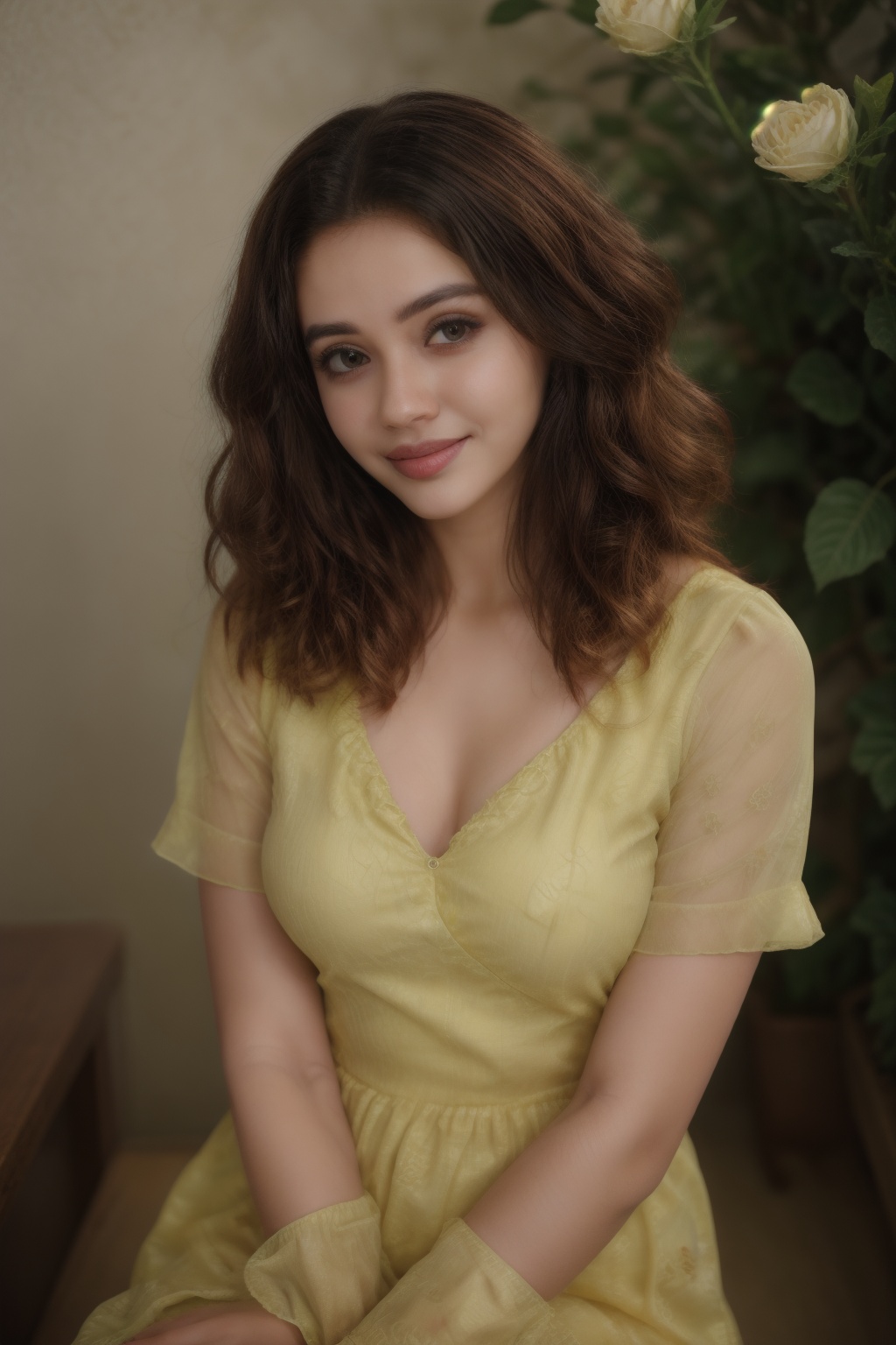a beauty girl with short_curly year brown_hair curly_hair small_body smiling to viewer dressed in a yellow dress with flow...