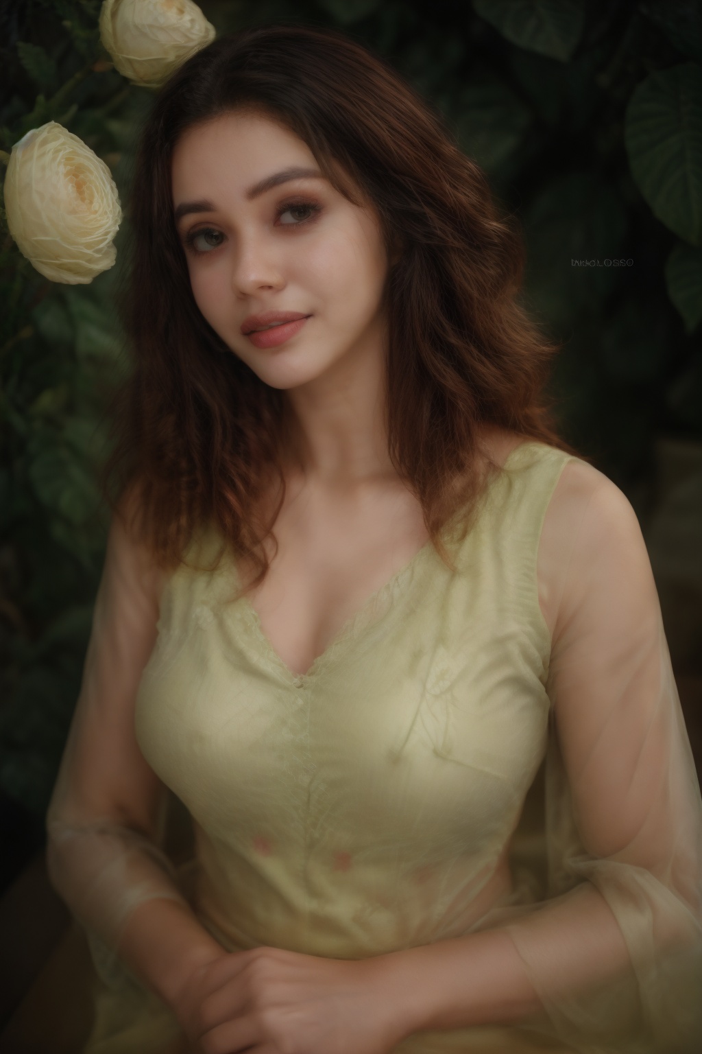 a beauty girl with short_curly year brown_hair curly_hair small_body smiling to viewer dressed in a yellow dress with flow...