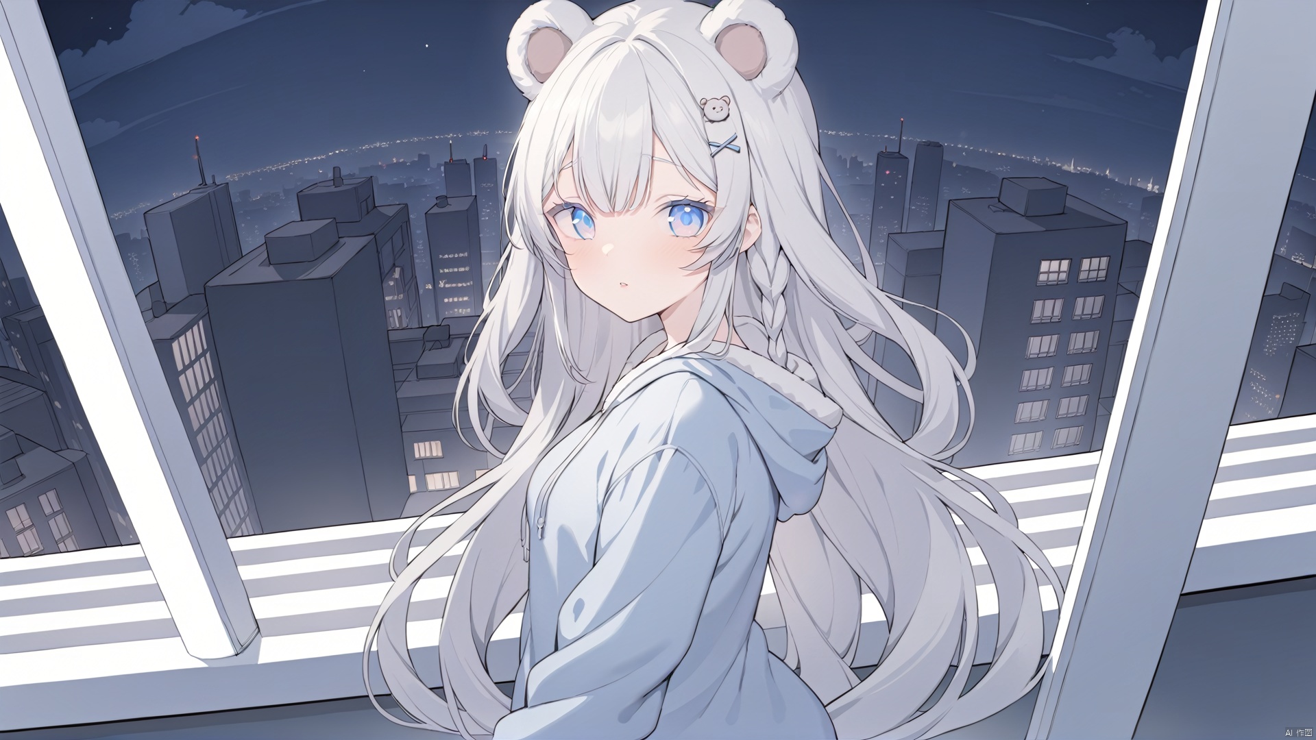 Backlight,Hoodie,night,midnight,city,rooftop,(masterpiece),(best quality),1girl, solo, long hair, bangs, blue eyes,hair ornament, bow, animal ears,very long hair, braid, white hair, hairclip, bear ears
