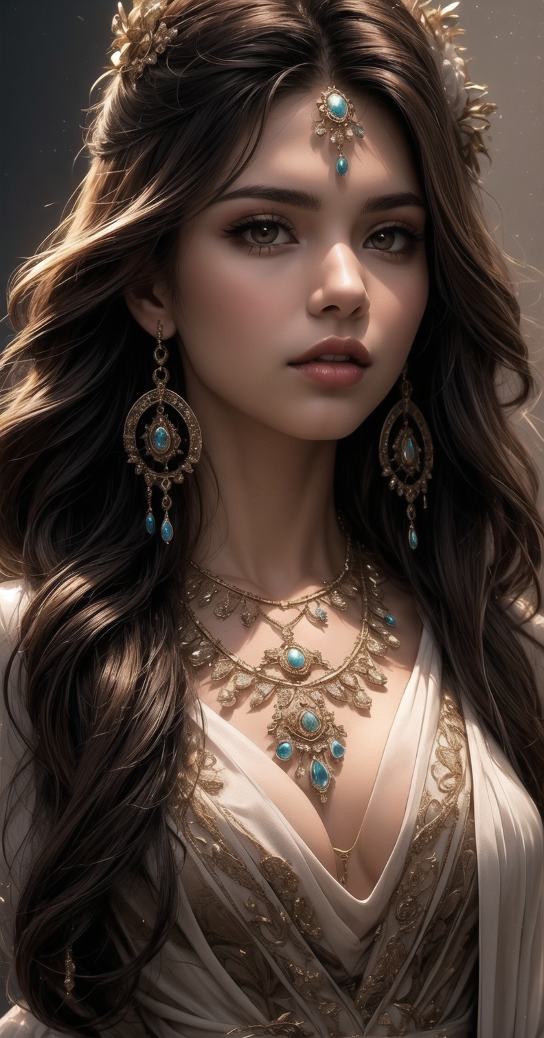 A sultry solo female figure stands out against a neutral background. Her long,  brown locks cascade down her back,  adorne...