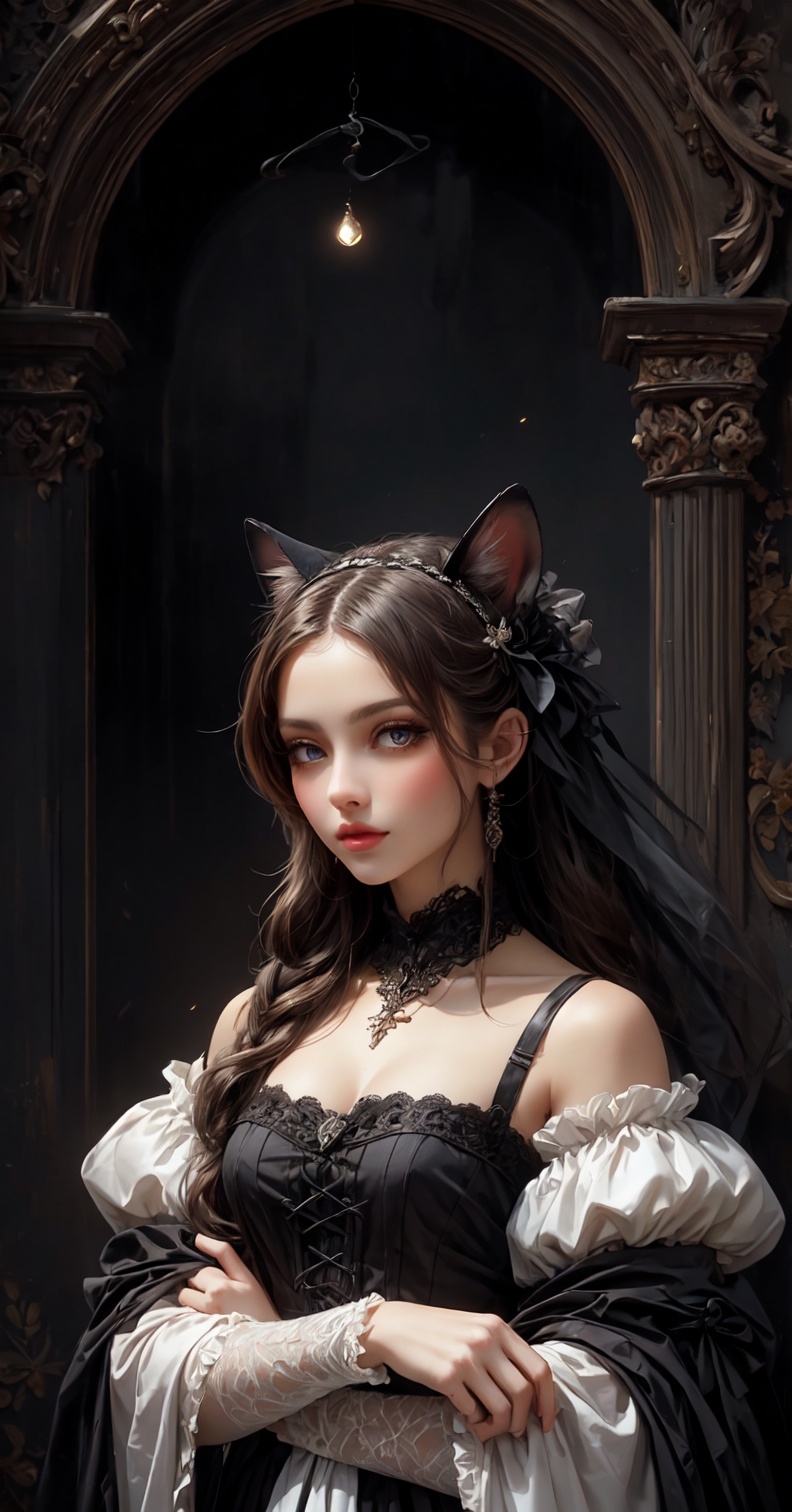 (A fusion of the noble fashions of Renaissance Europe and modern Gothic Lolita costumes,  the cat wears intricate ruffled...
