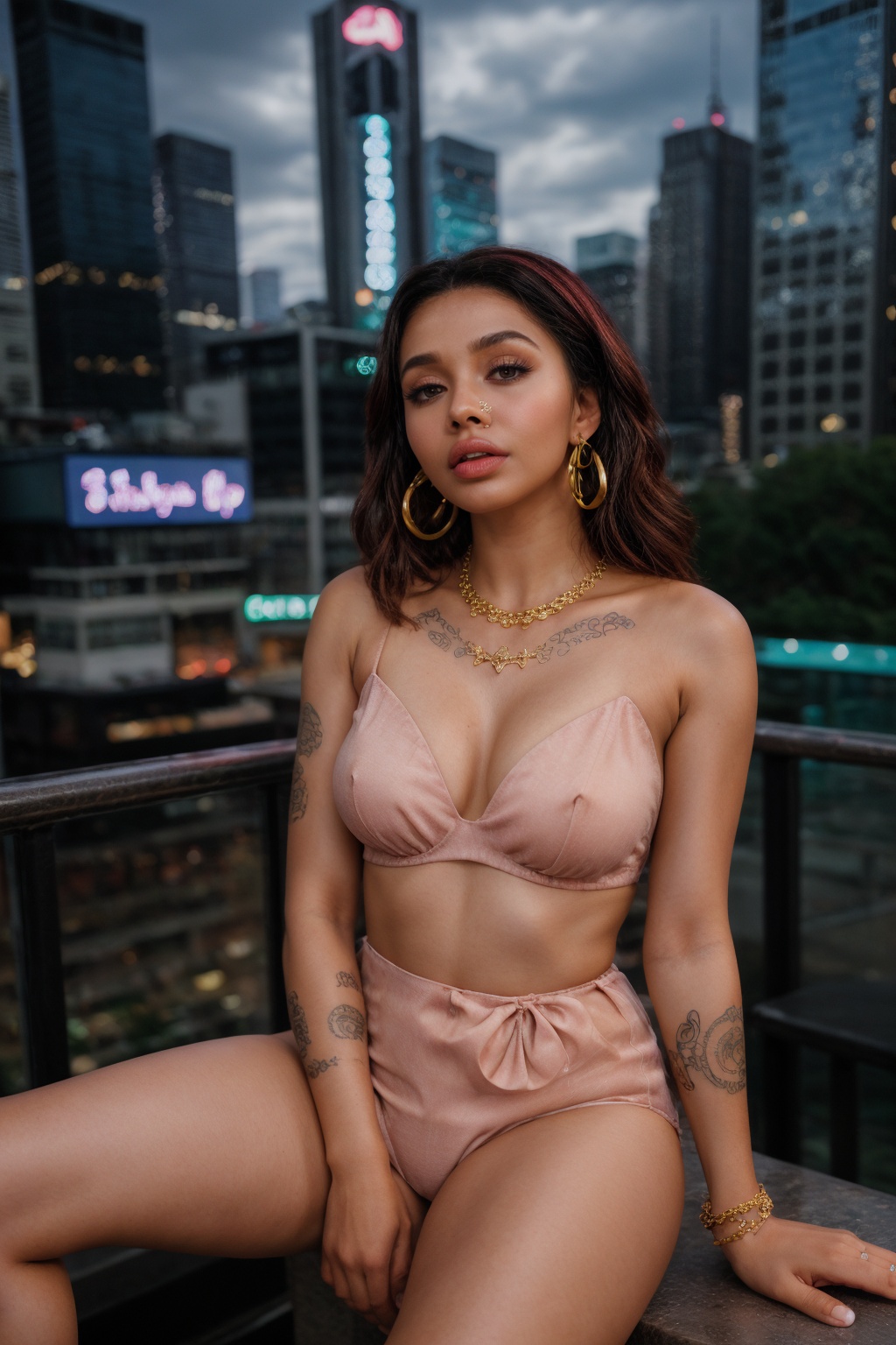 A stunning young woman of African and European descent sits confidently against a vibrant cityscape backdrop. Her oval-sha...