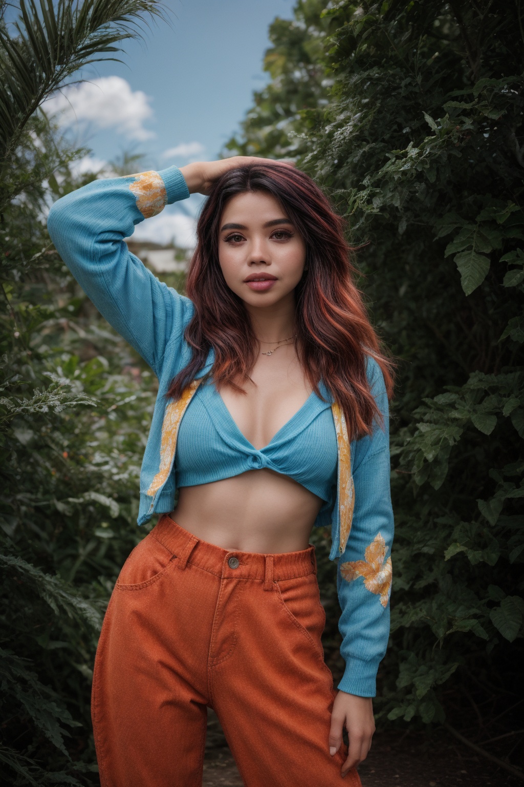 Hayley Kiyoko-esque girl posing solo in an outdoor setting with a vibrant blue sky. Her long,  dark hair cascades down her...