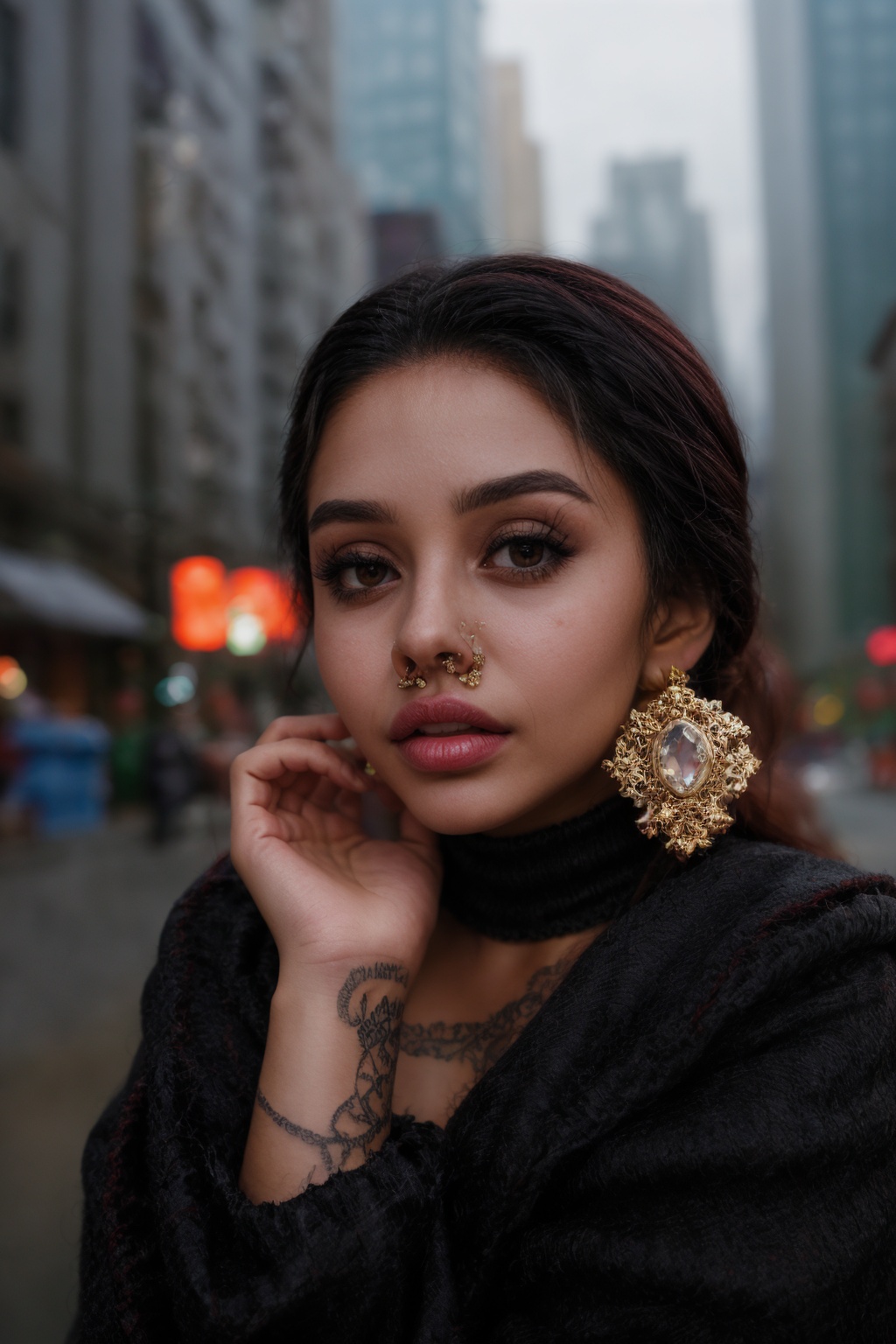 a beautiful young black mixed race girl with a tattoo,  oval face,  frosty lips on Tensor.Art